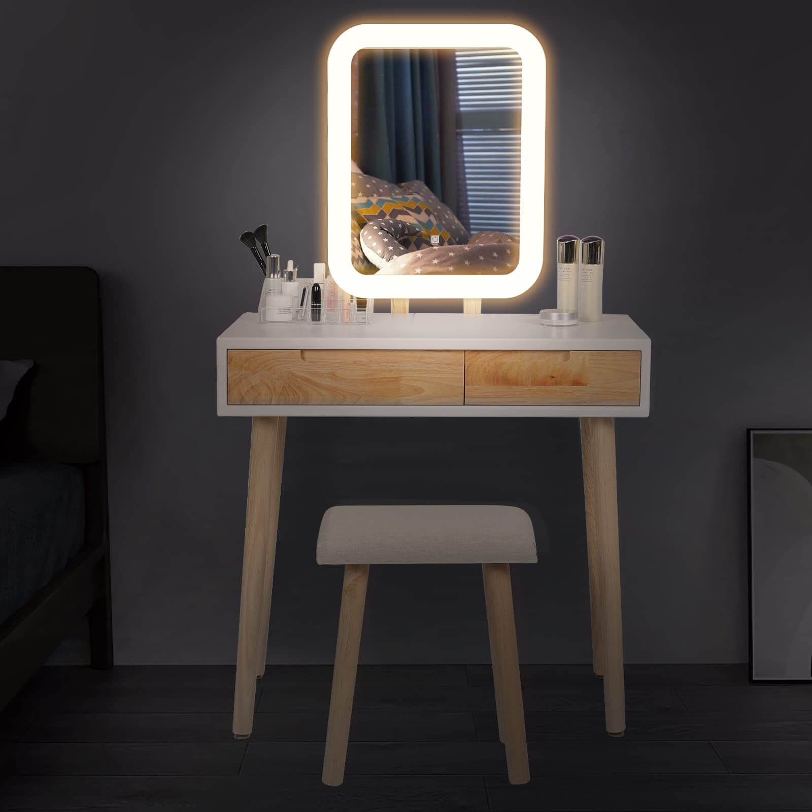 Bright display of Elecwish Vanity Makeup Table Set with Adjustable LED Square Mirror IF113