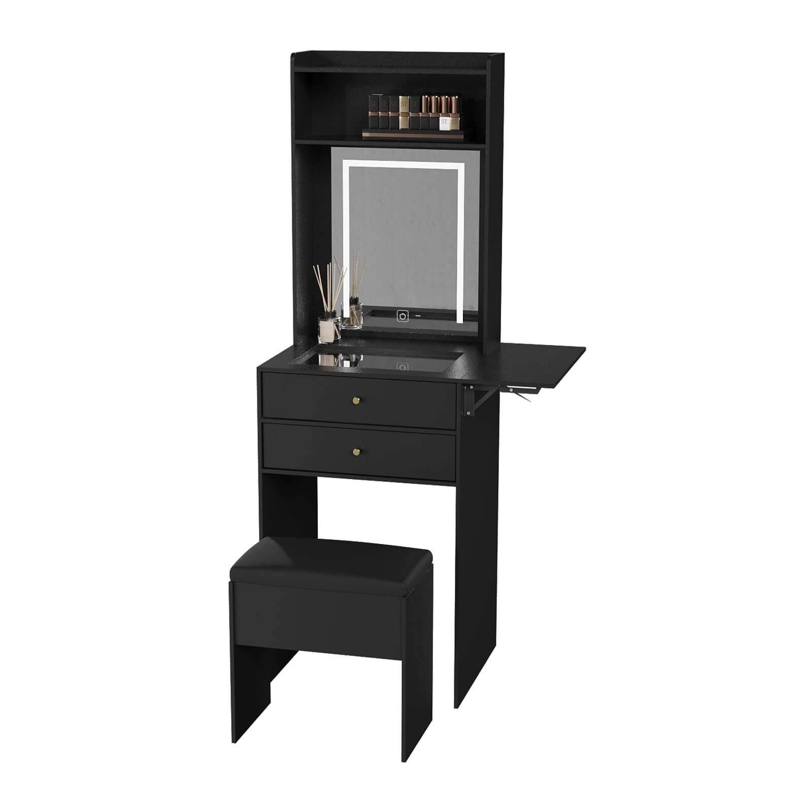 Small Vanity Desk Set with 3 Adjustable Lighted Mirror and Storage Chair IF018, Large Style-Oak