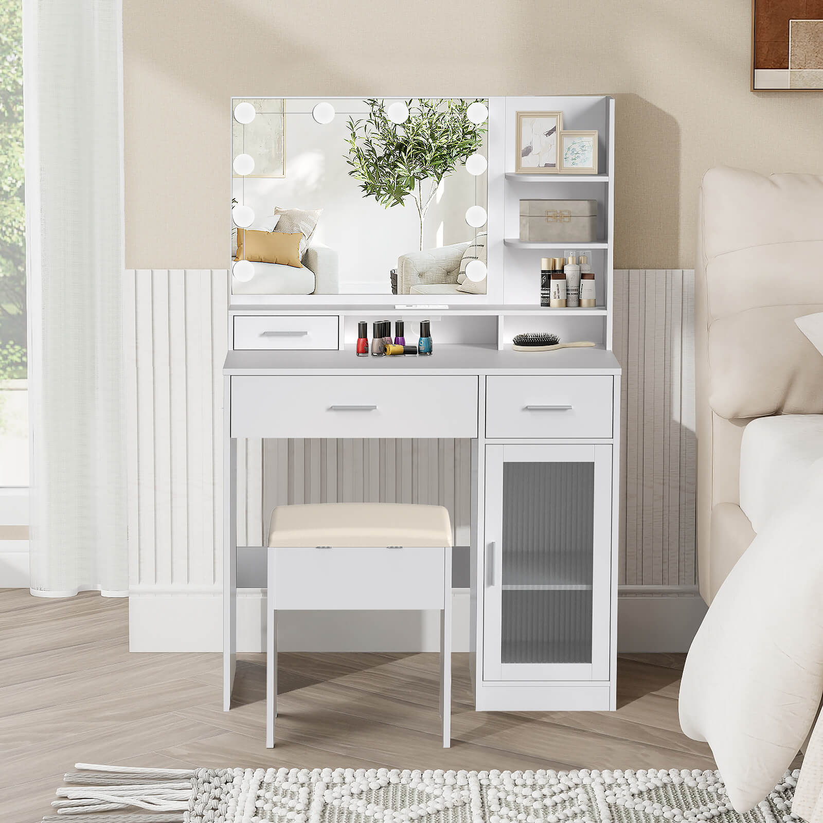 Vanity Desk with Mirror and Lights | Beauty Organizer | Elecwish