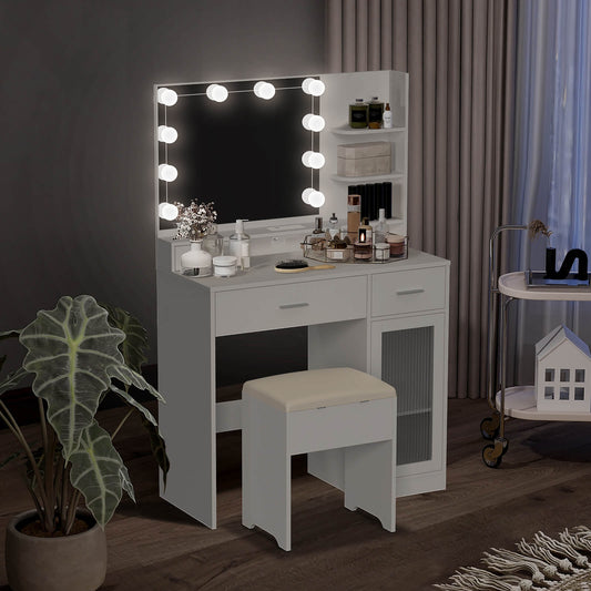 Vanity Desk with Mirror and Lights IF010 with opening light in the evening