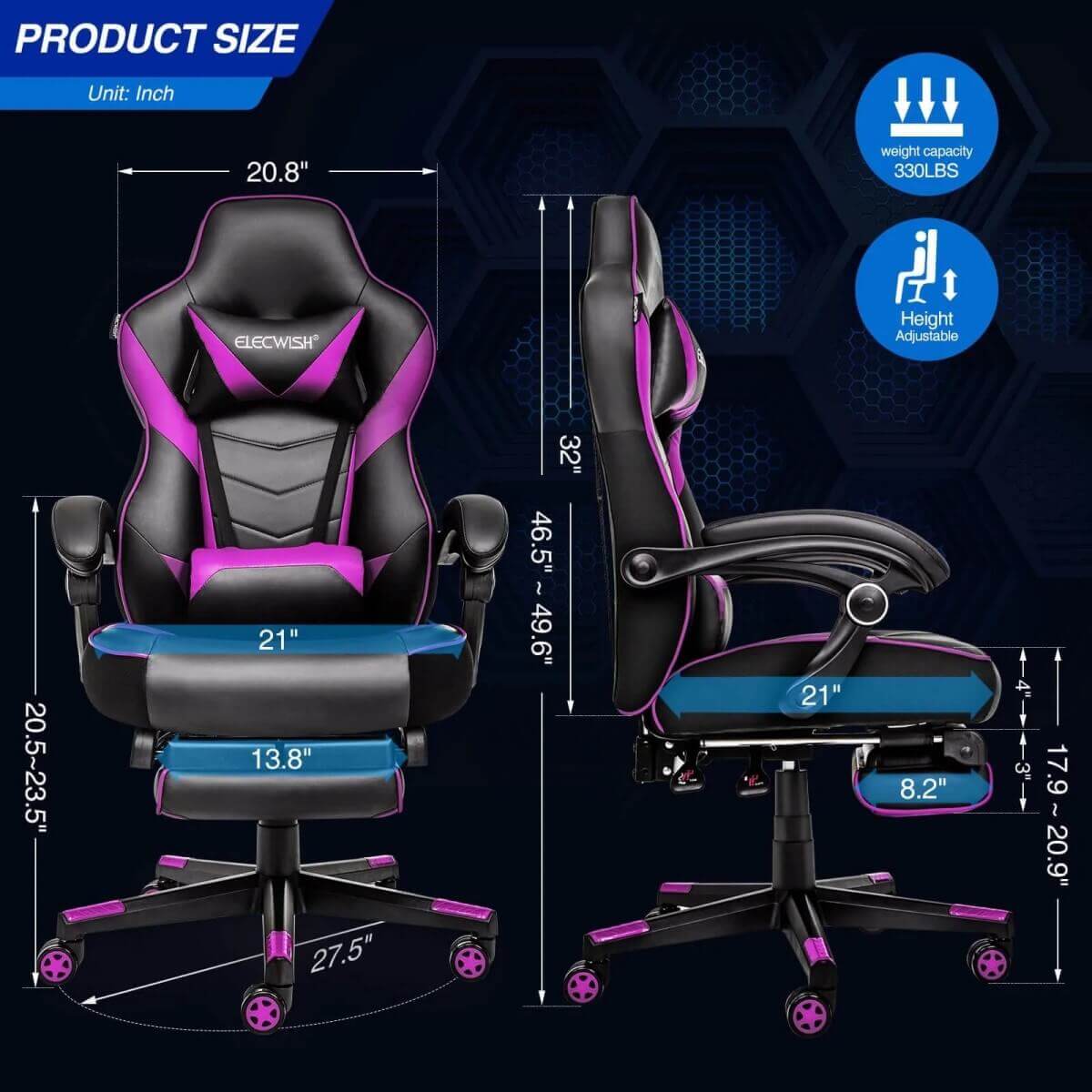 Elecwish Video Game Chairs Purple Gaming Chair With Footrest OC087 size