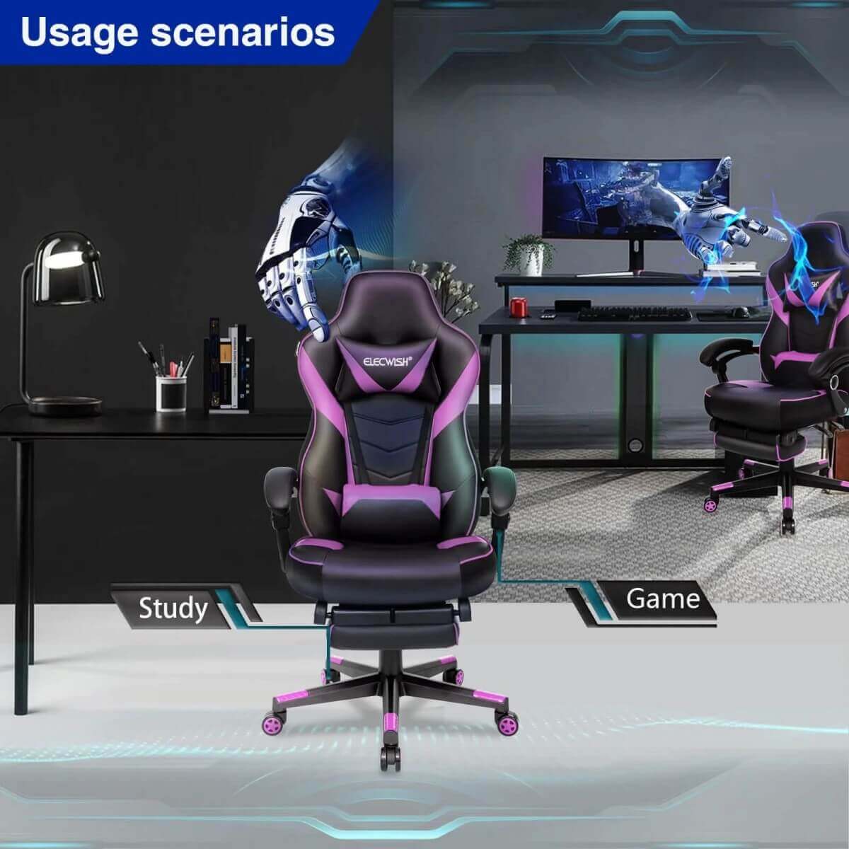 Usage scenarios Elecwish Video Game Chairs Purple Gaming Chair With Footrest OC087