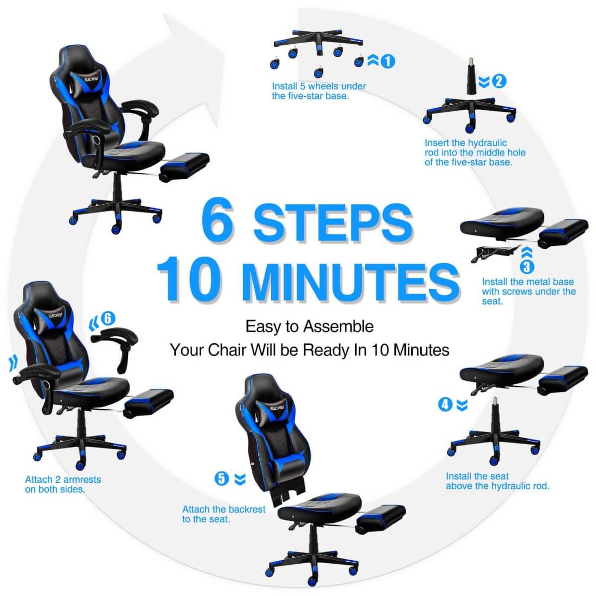 Elecwish Video Game Chairs Blue Gaming Chair With Footrest OC087 is easy to assemble