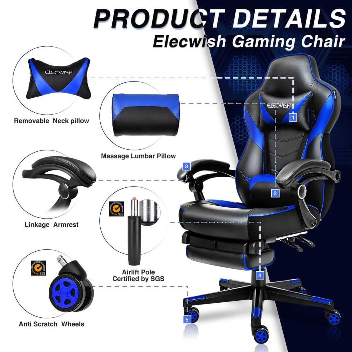 Elecwish Video Game Chairs Blue Gaming Chair With Footrest OC087 details