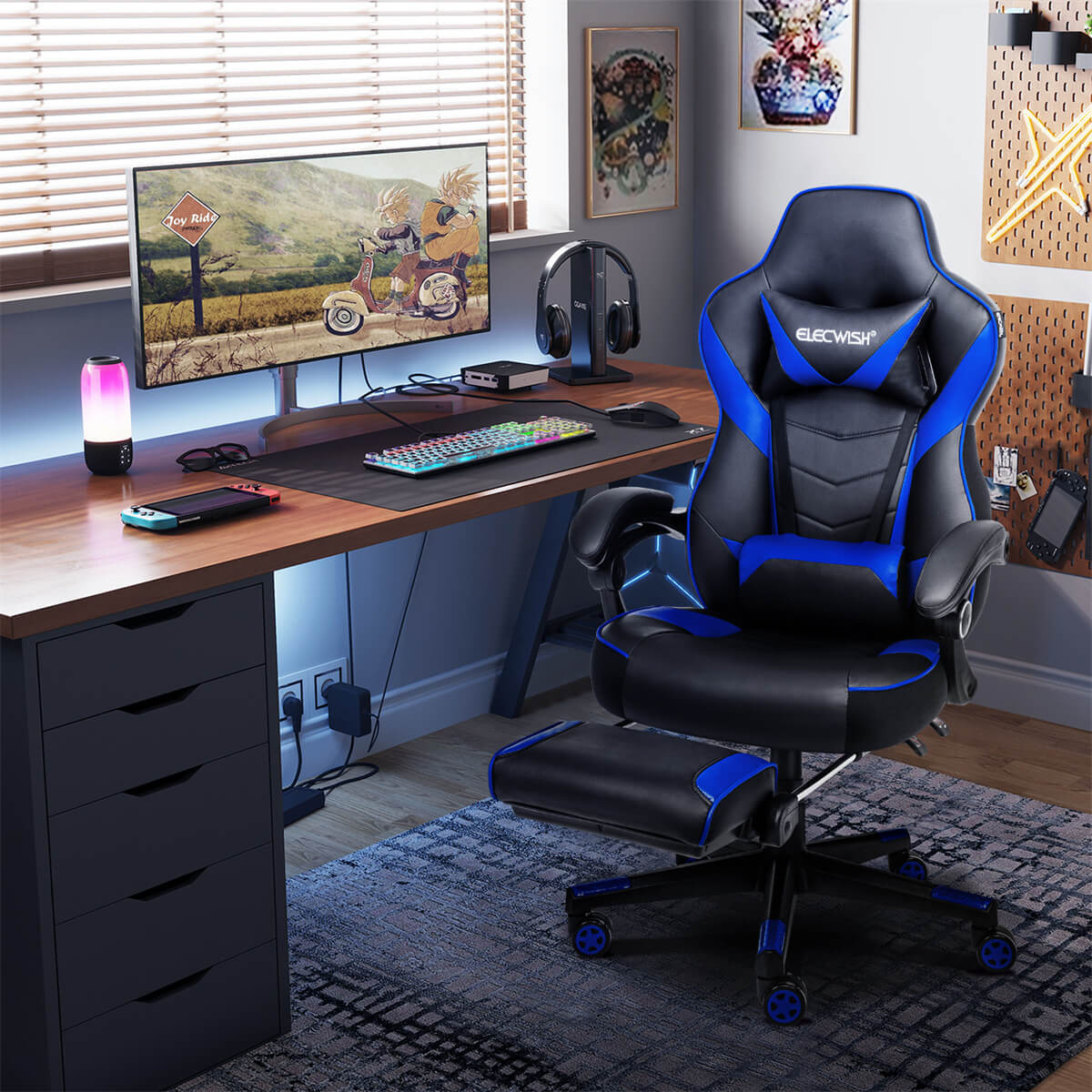 Elecwish Video Game Chairs Blue Gaming Chair With Footrest OC087 displays in the gaming room