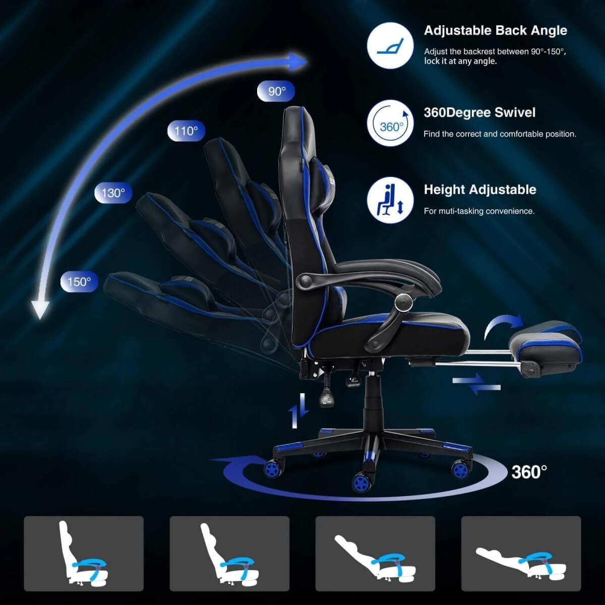 Elecwish Video Game Chairs Blue Gaming Chair With Footrest OC087 can adjustback angle, height and have 360 degree swivel