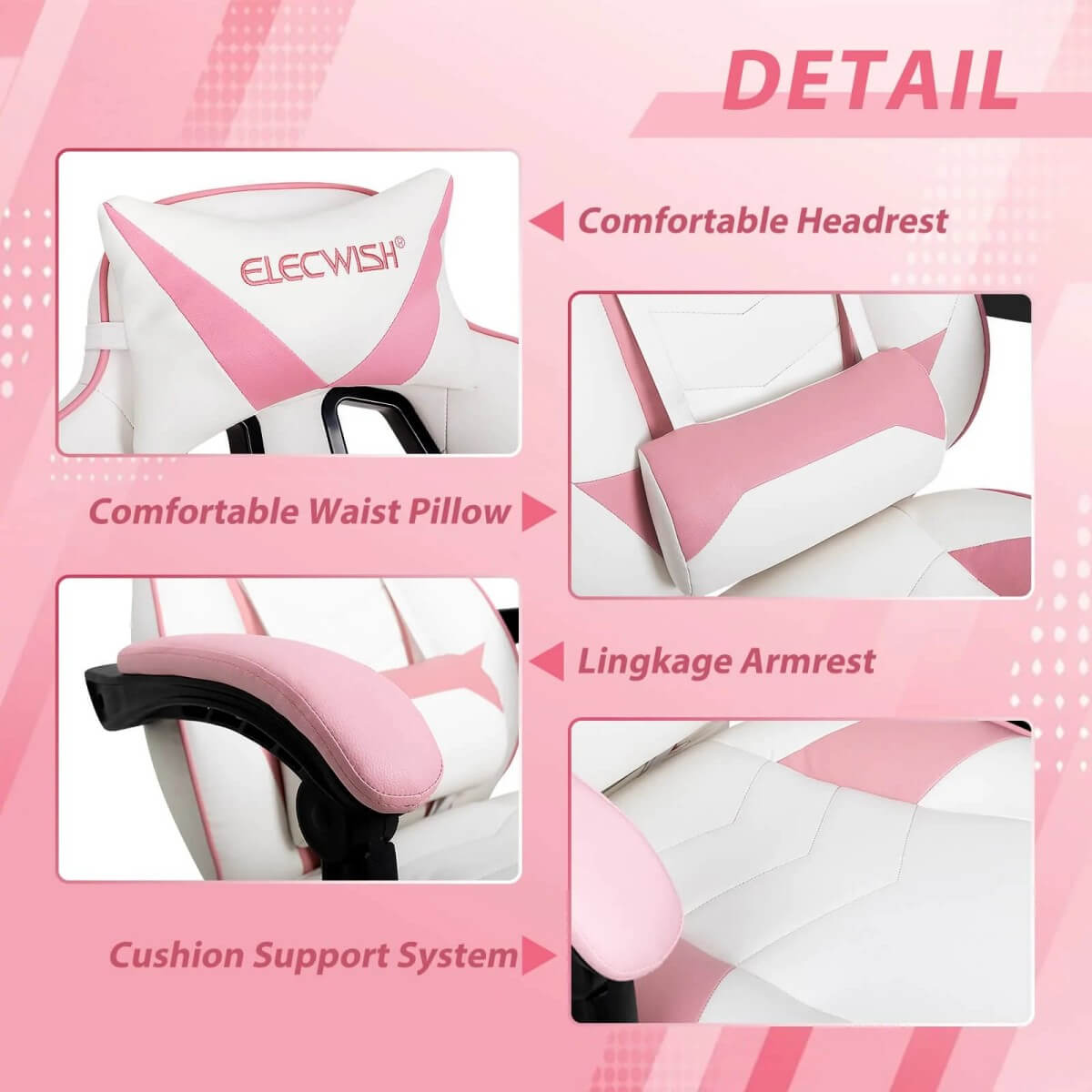 Detail displays of Elecwish Video Game Chairs Pink Gaming Chair With Footrest OC087