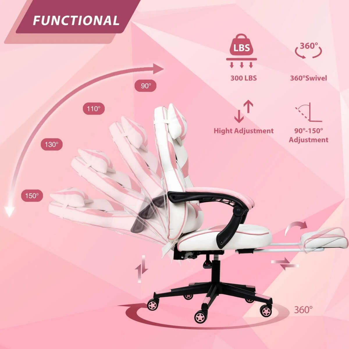 Elecwish Video Game Chairs Pink Gaming Chair With Footrest OC087 is functional