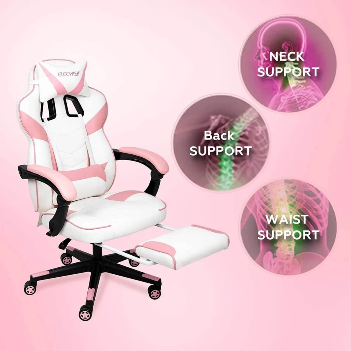 Elecwish Video Game Chairs Pink Gaming Chair With Footrest OC087 can support neck, back and waist