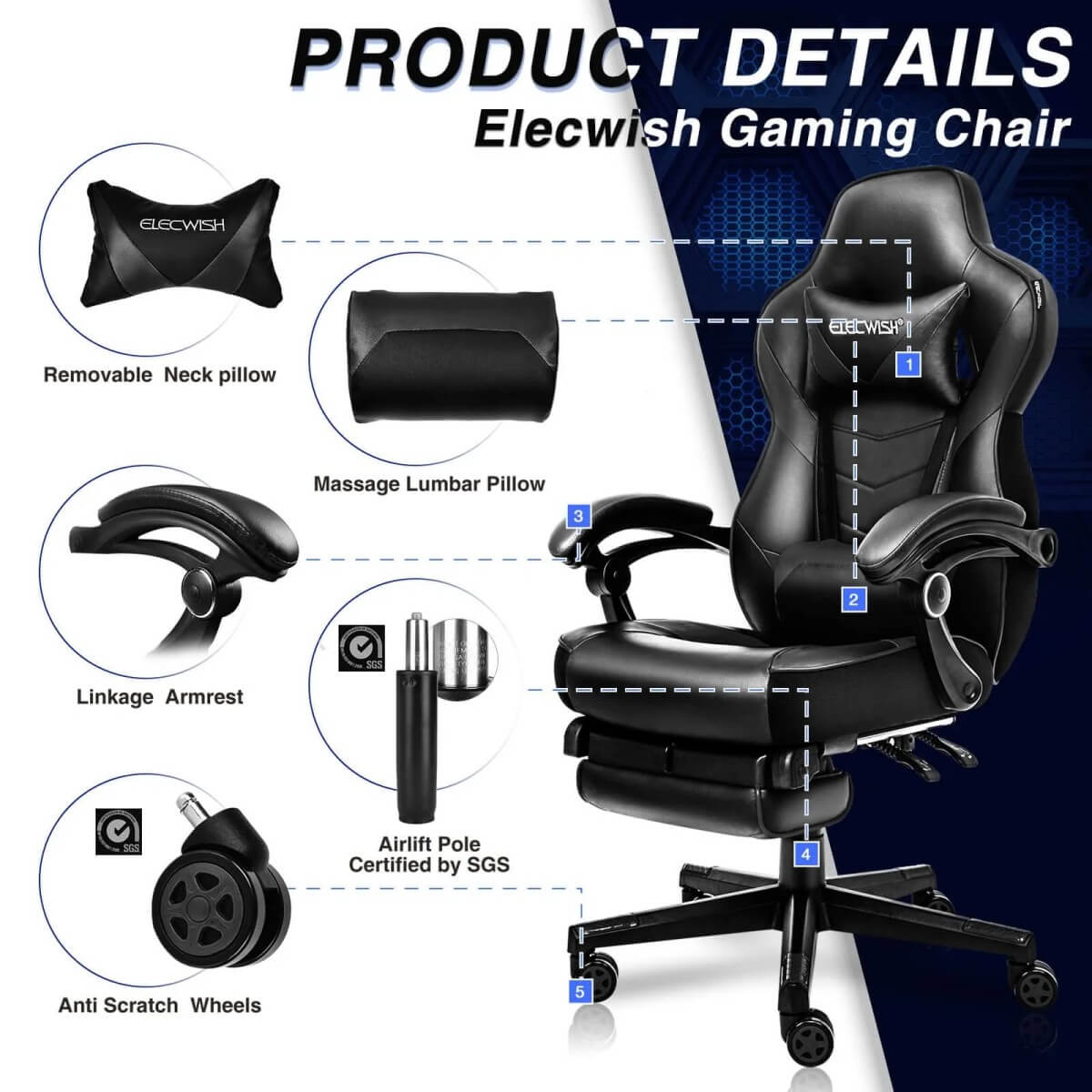 Elecwish Video Game Chairs Gray Gaming Chair With Footrest OC087 details