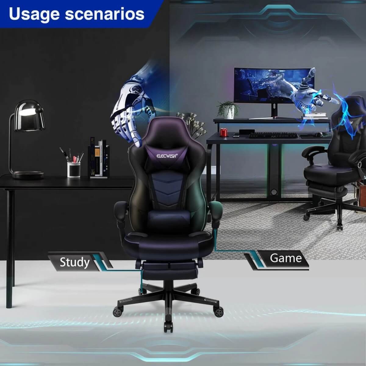 Usage scenarios of Elecwish Video Game Chairs Gray Gaming Chair With Footrest OC087