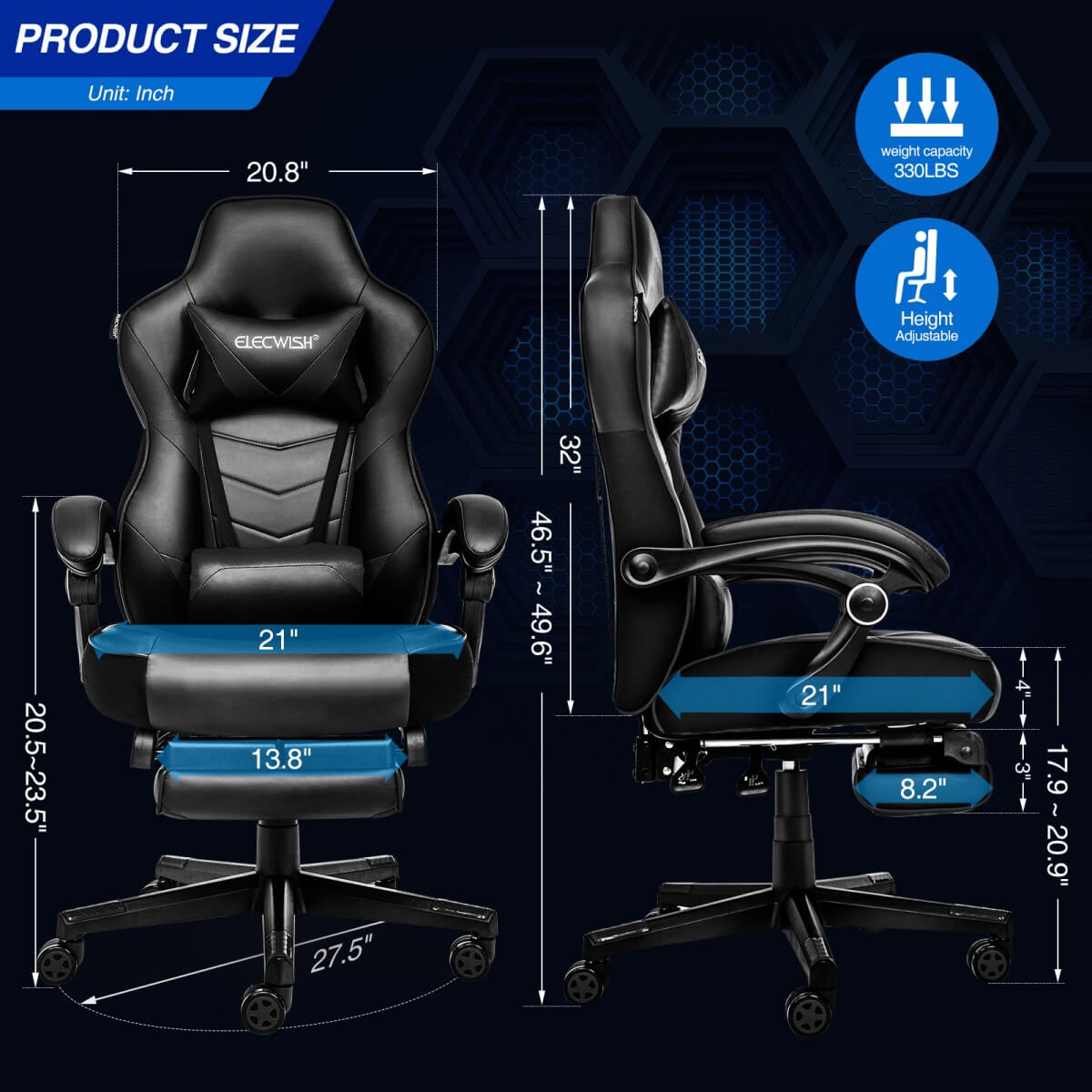 Elecwish Video Game Chairs Black Gaming Chair With Footrest OC087 size