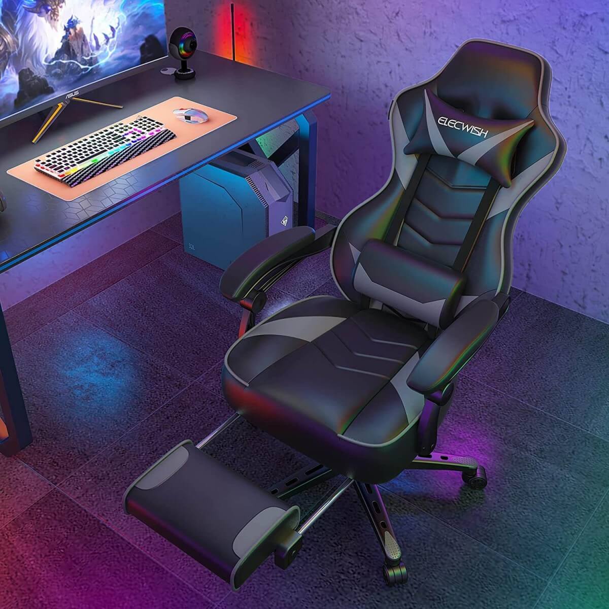 Elecwish Video Game Chairs Gray Gaming Chair With Footrest OC087