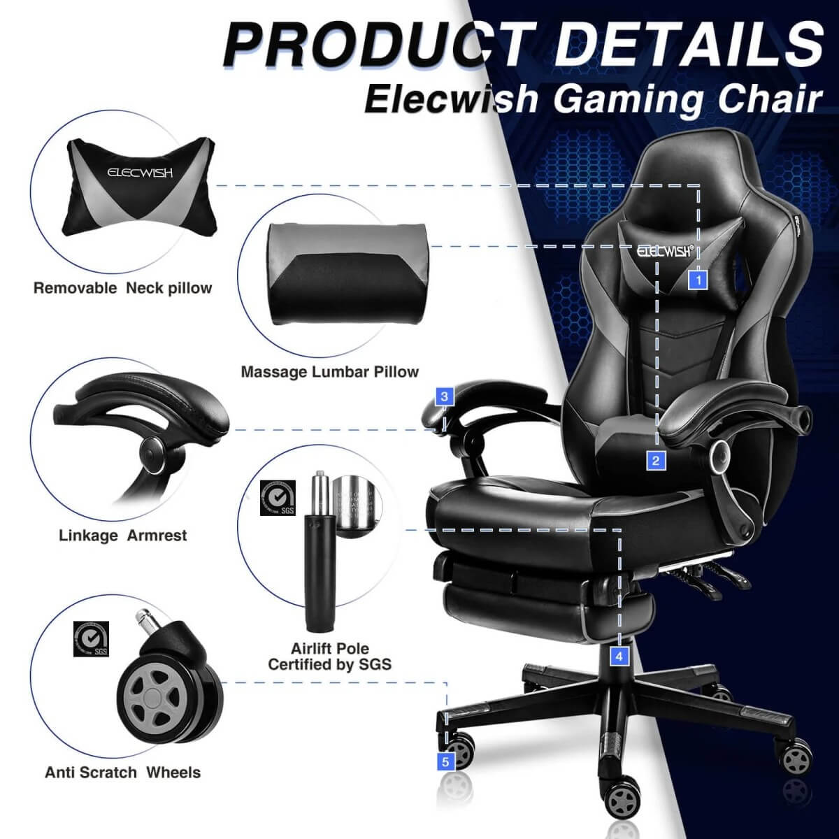 Elecwish Video Game Chairs Gaming Chair With Footrest OC087