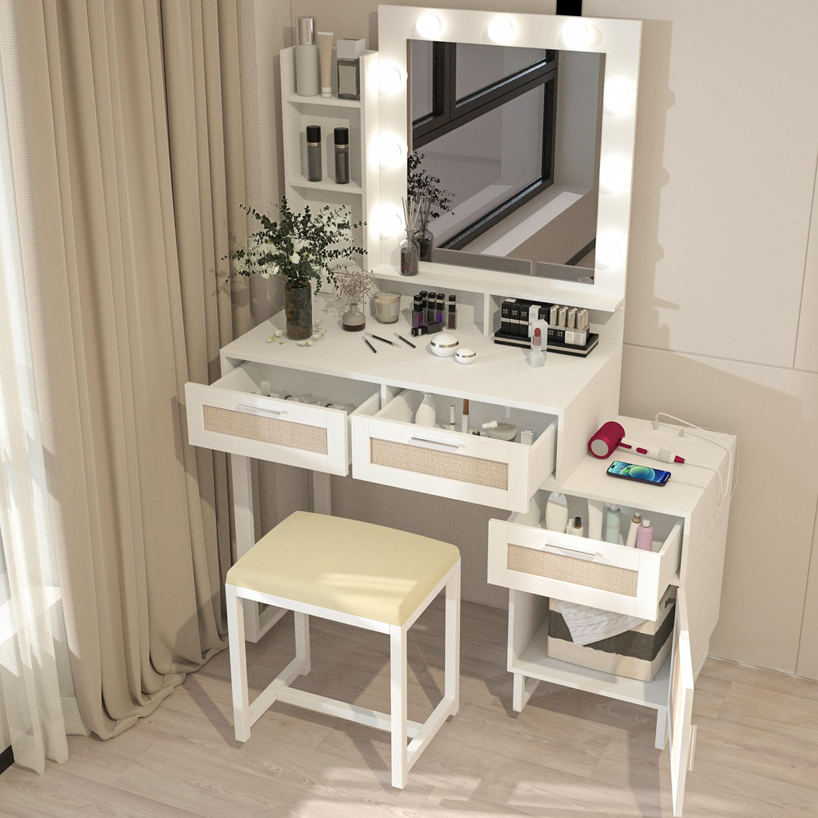 White and Rattan Vanity Table Set IF007 displays with open drawers