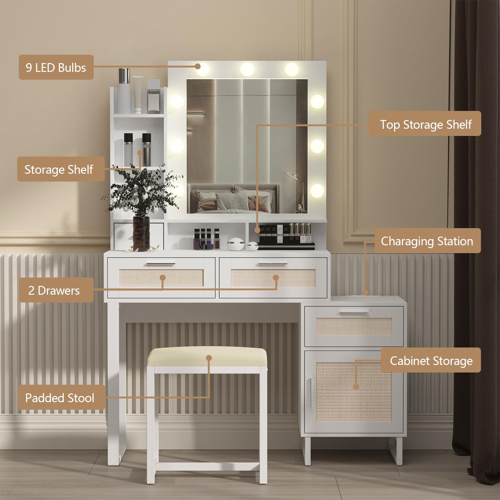 Seven detail displays of White and Rattan Vanity Table Set IF007