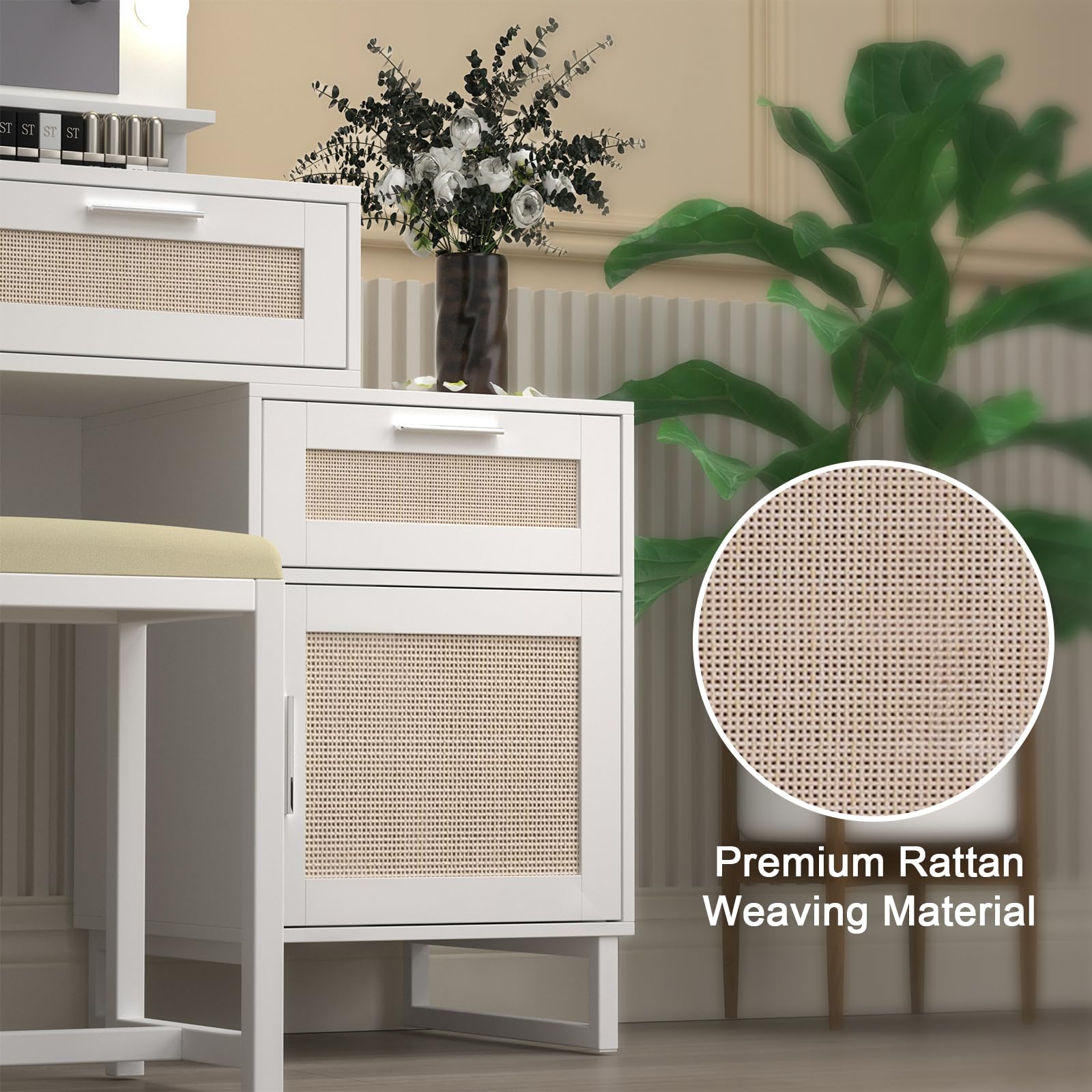 White and Rattan Vanity Table Set IF007 has premium rattan weaving material