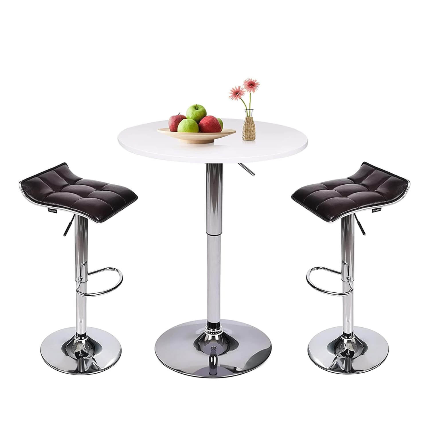 Elecwish Bar Table Marble White / Grid Brown Bar Table Set 3-Piece OW0306