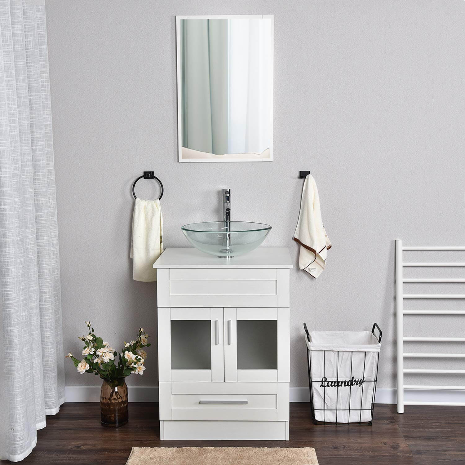 Elecwish White Bathroom Vanity with Glossy Glass Sink Set BA1001-WH display scene