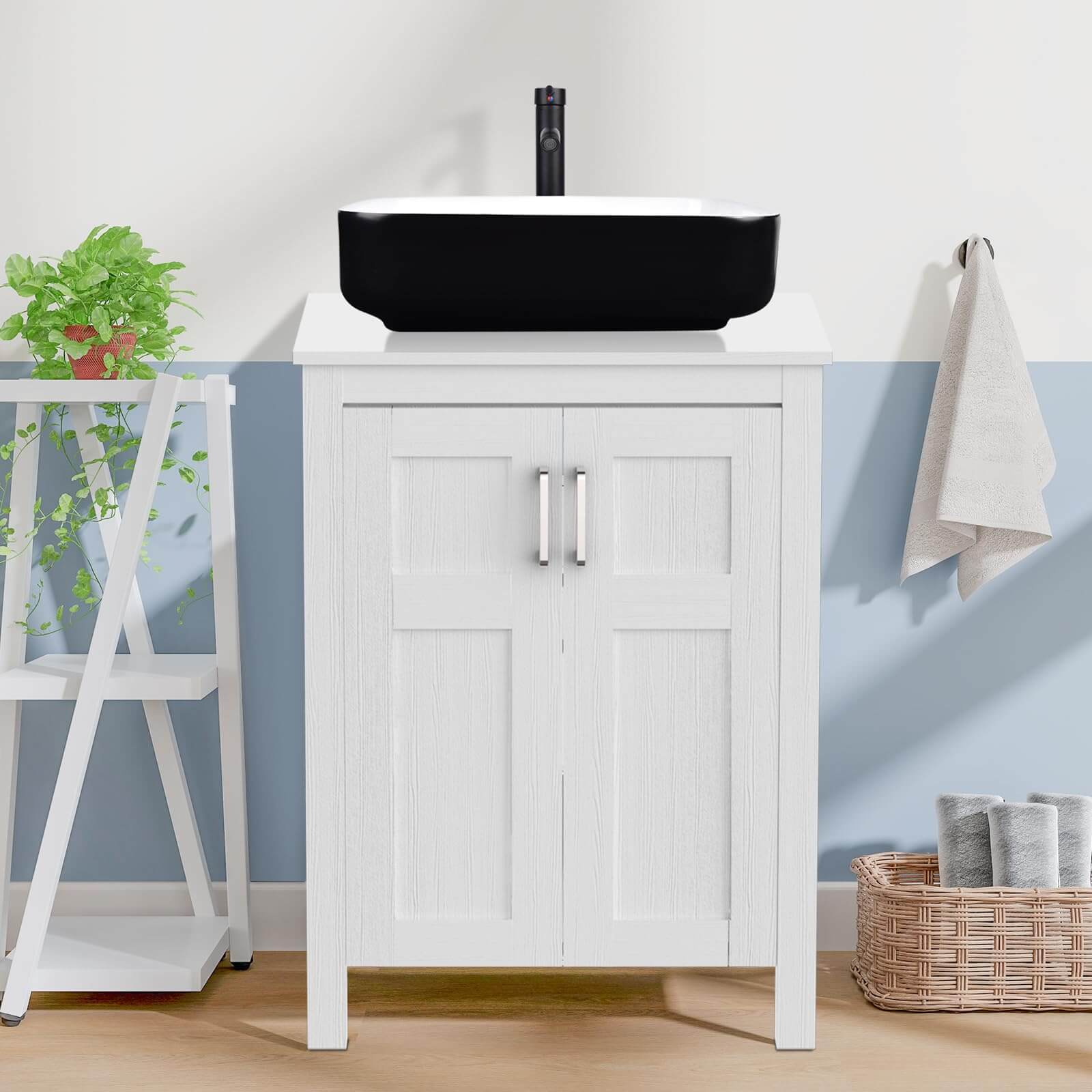 Elecwish White Bathroom Vanity and Black Ceramic Sink Set HW1120-WH display scene