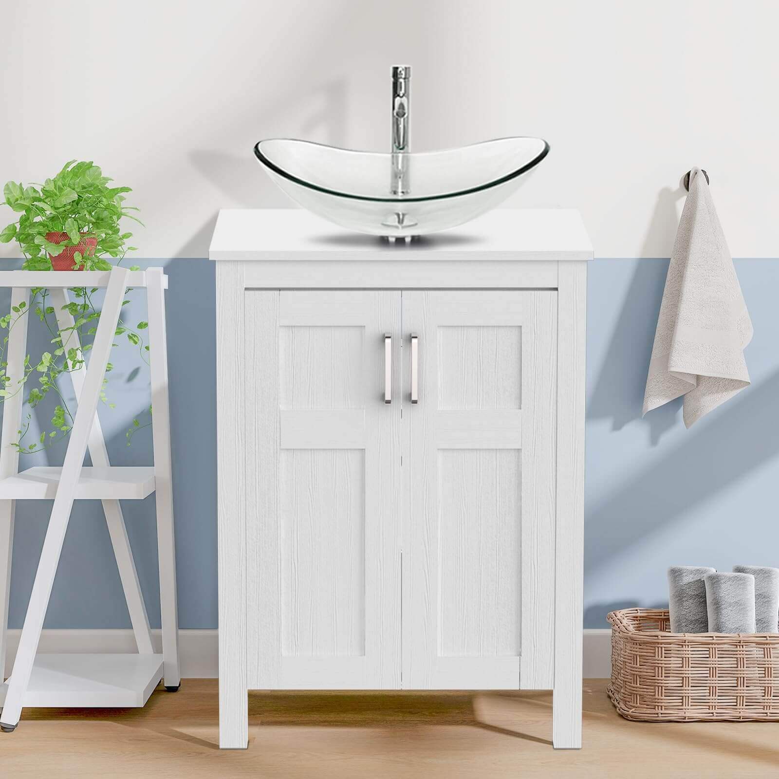 Elecwish White Bathroom Vanity and Clear Boat Sink Set HW1120-WH display scene