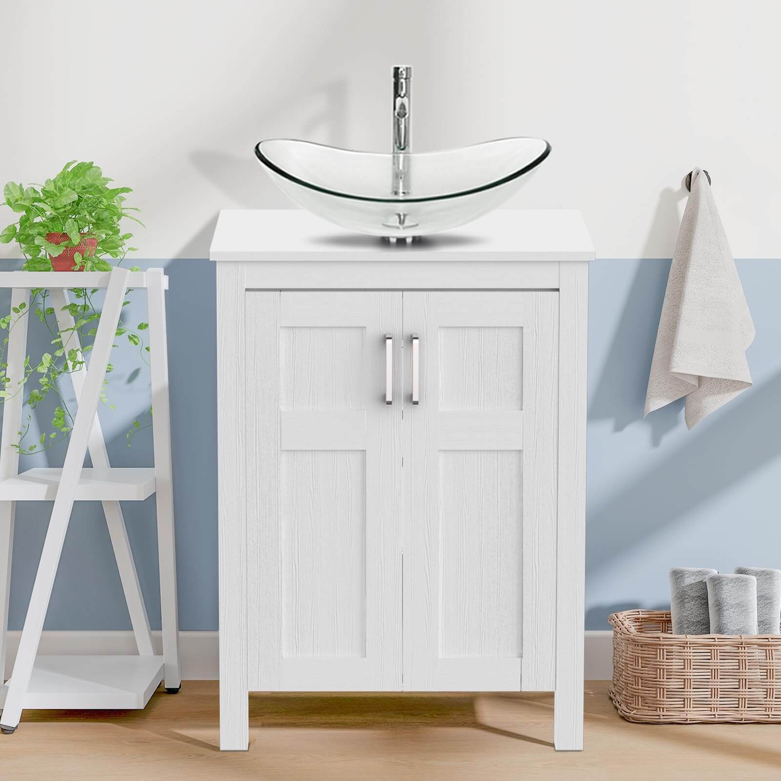 Elecwish white bathroom vanity with clear boat sink set HW1120-WH display scene