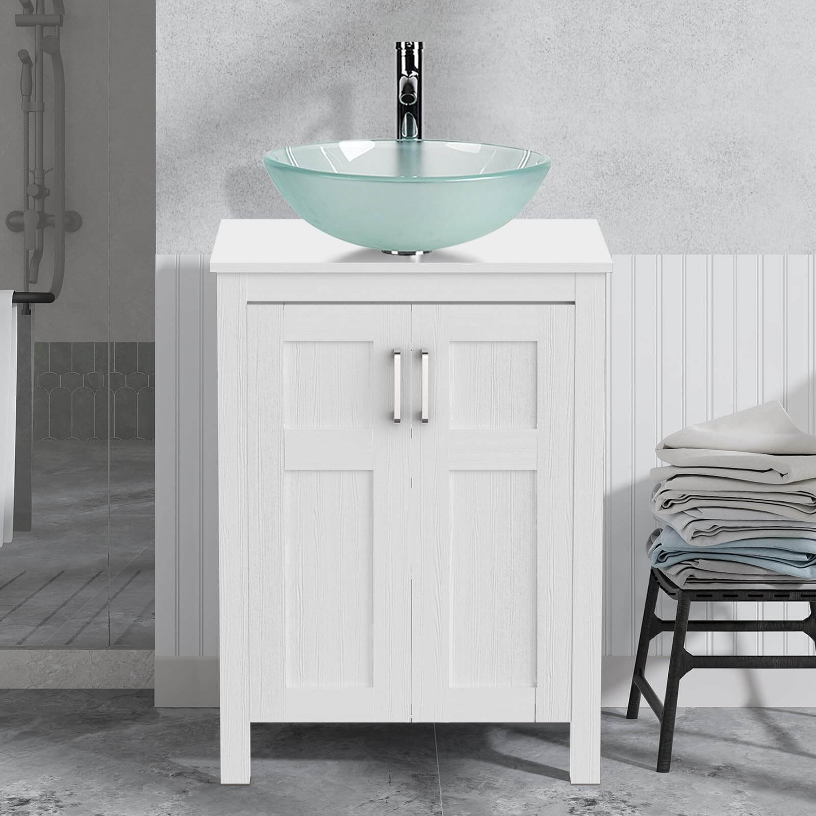 Elecwish White Bathroom Vanity and Clear Green Sink Set HW1120-WH display scene