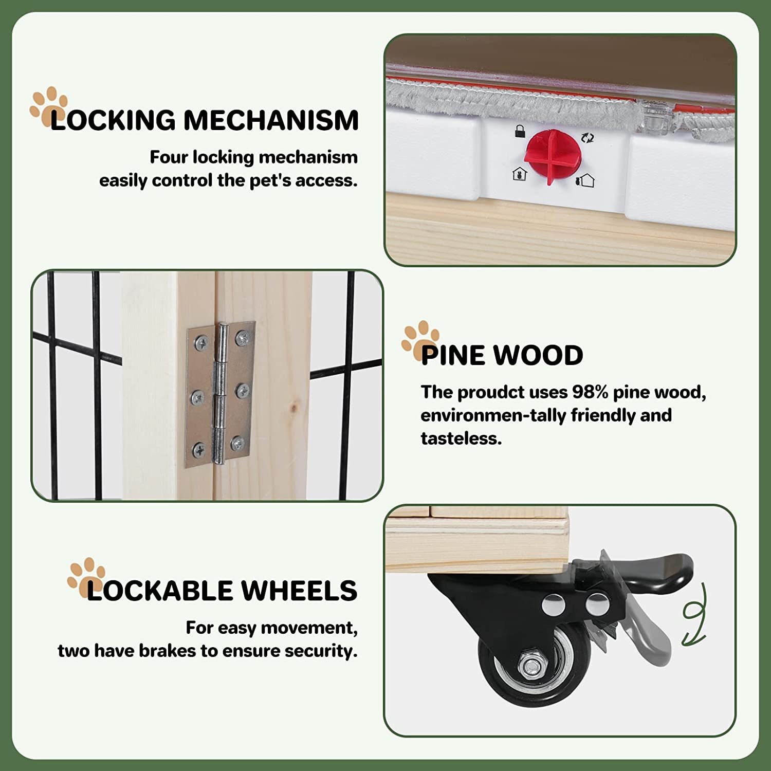 Three features of elecwish Wooden Cat House which are locking mechanism, pine wood and lockable wheels