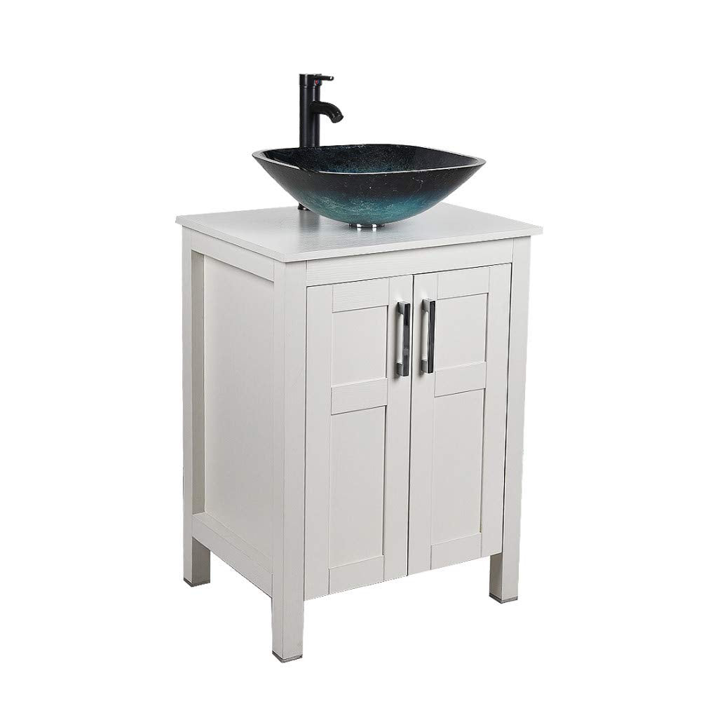 Side view of Elecwish White Bathroom Vanity and Square Blue Sink Set HW1120-WH