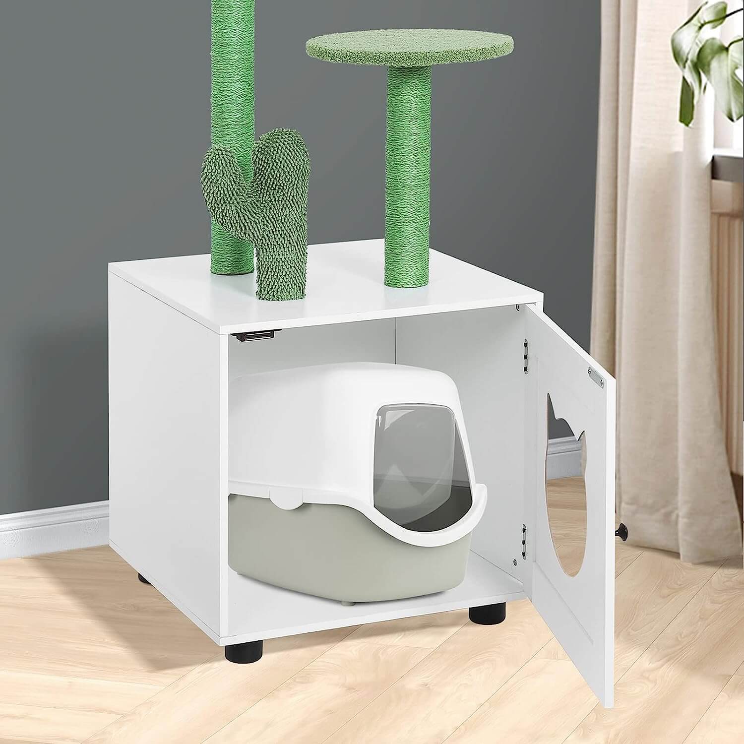 Litter Box Enclosure with Cactus Cat Tree Tower in open status display