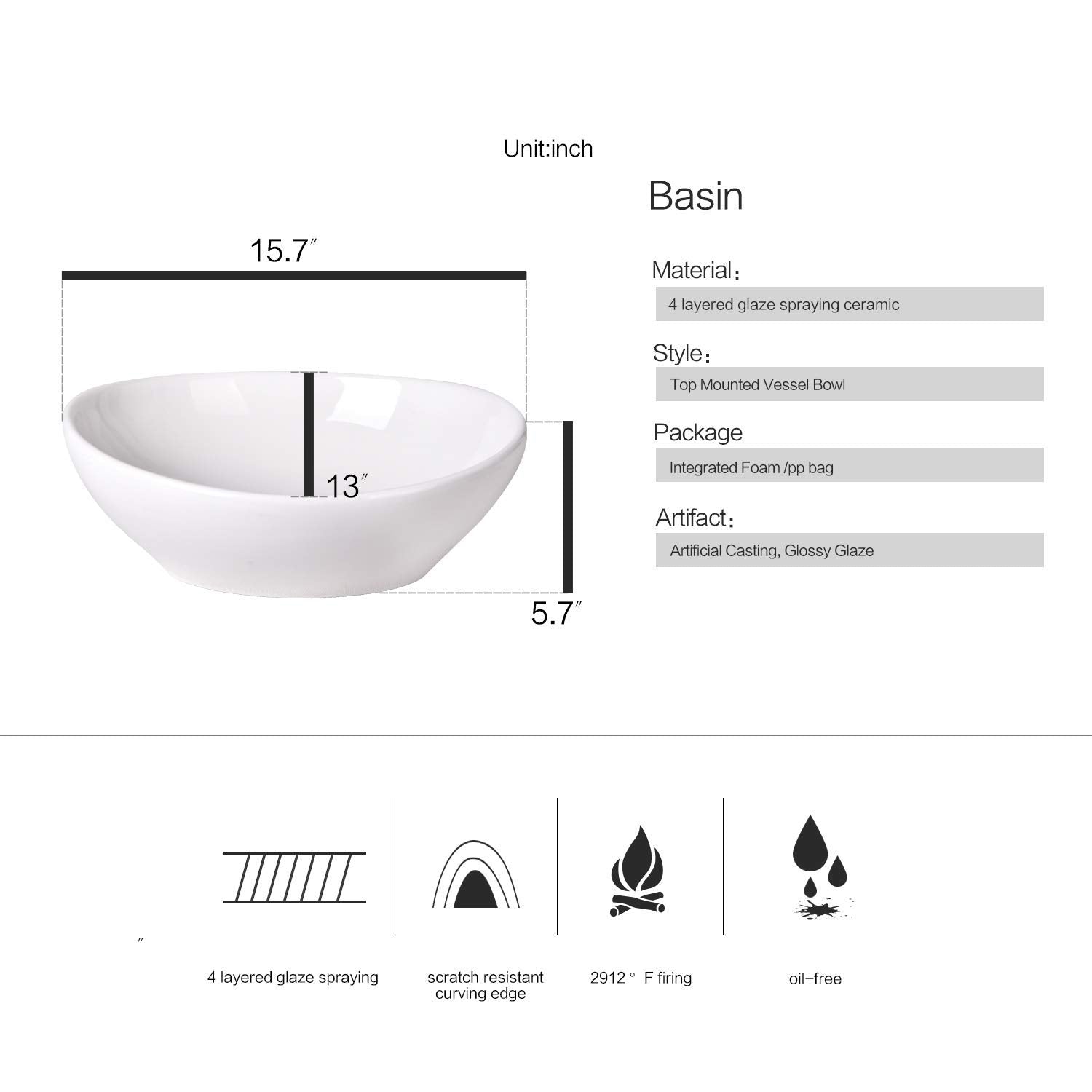 Elecwish White Oval Ceramic Sink basin features
