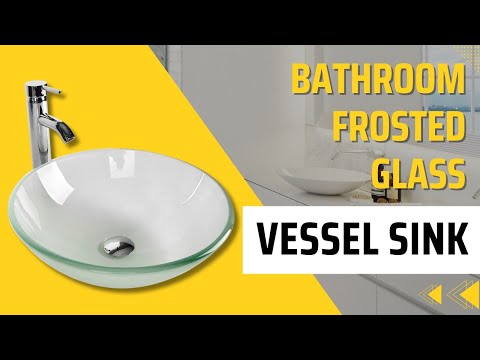 Round frosted glass vessel sink with faucet and pop up drain display video
