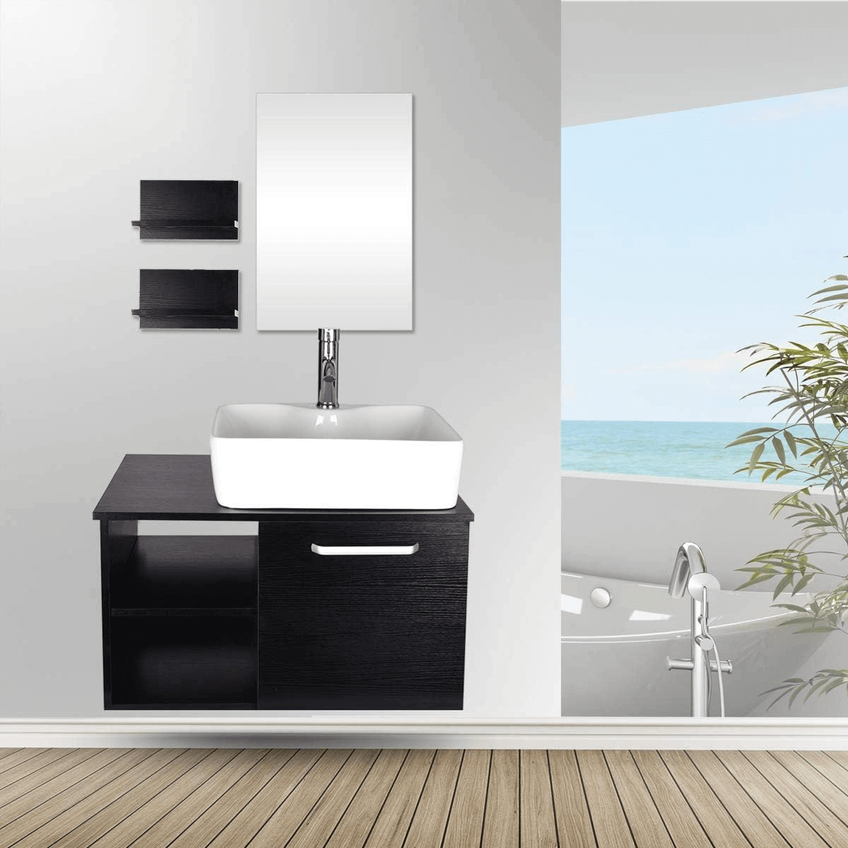 White Ceramic Cabinet Bathroom Sink with Modern Black Cabinet