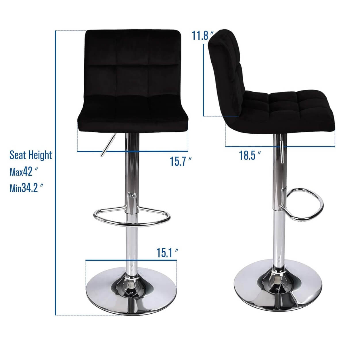 Black velvet fabric bar stools size
