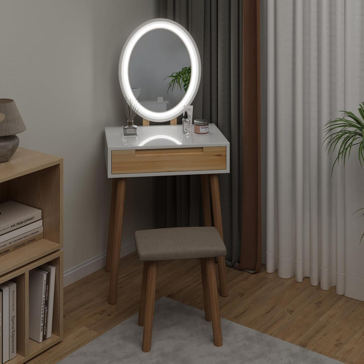 Compact Beauty Table Small Makeup Vanity Table Set with Mirror Cushioned Stool | Elecwish