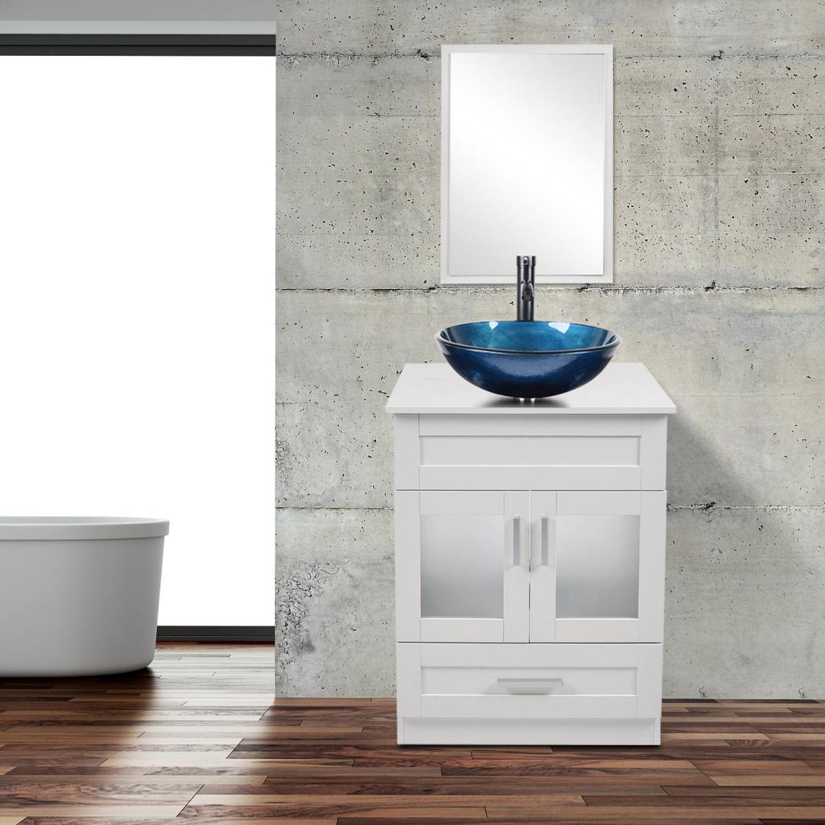 Elecwish White Bathroom Vanity with Blue Round Sink Set BA1001-WH display scene