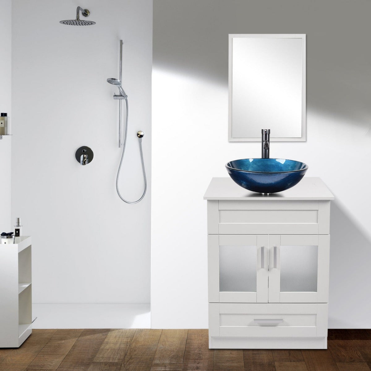 Elecwish White Bathroom Vanity with Blue Round Sink Set BA1001-WH displays in the bathroom