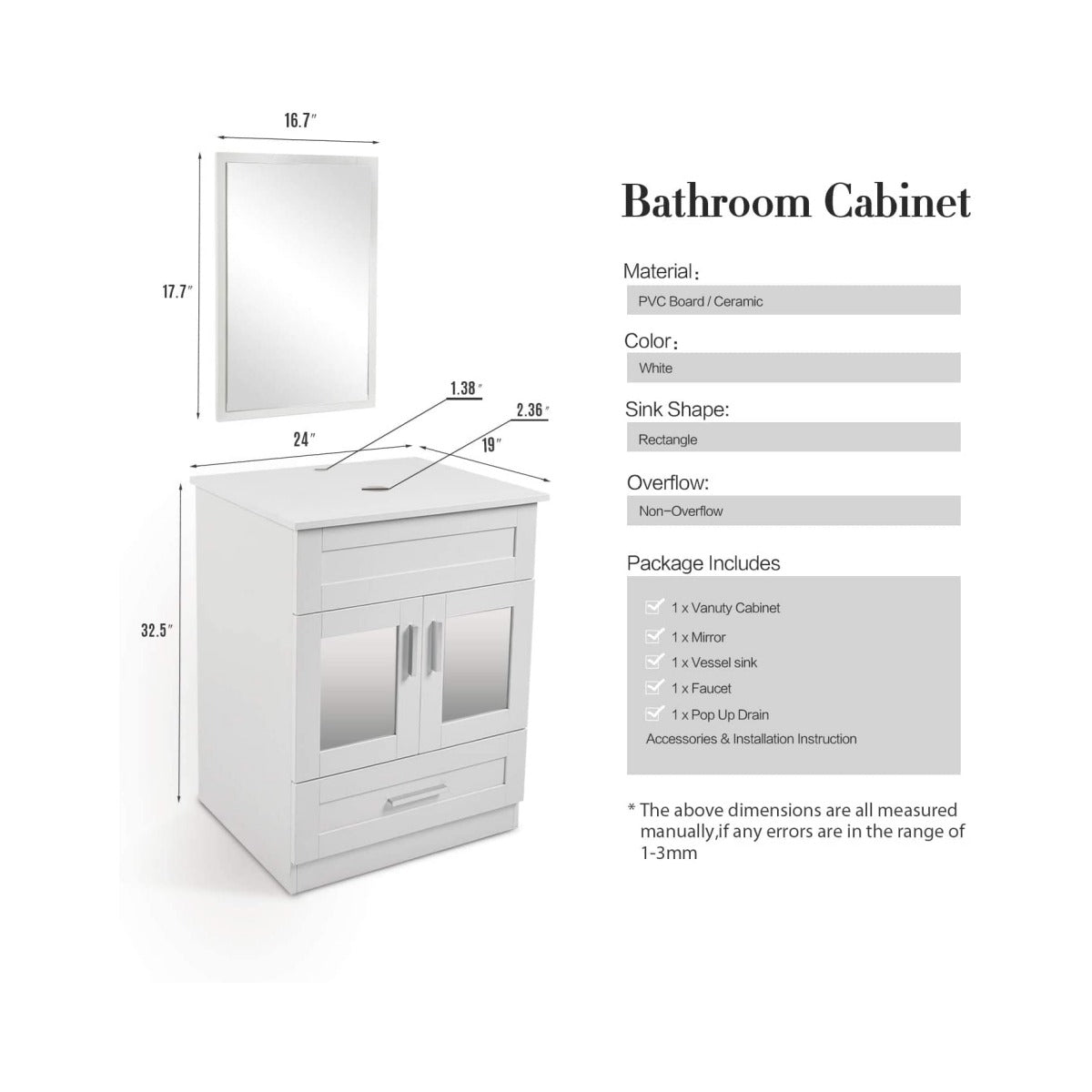 Elecwish White Bathroom Vanity Cabinet size and specification