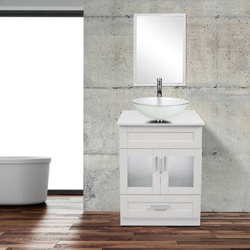 Elecwish White Bathroom Vanity with Glass Round Sink Set BA1001-WH display scene