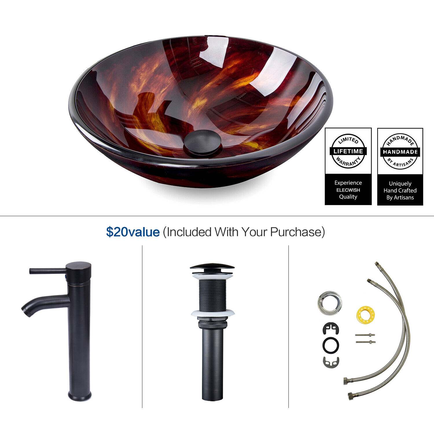 Elecwish Red Flame Sink included parts