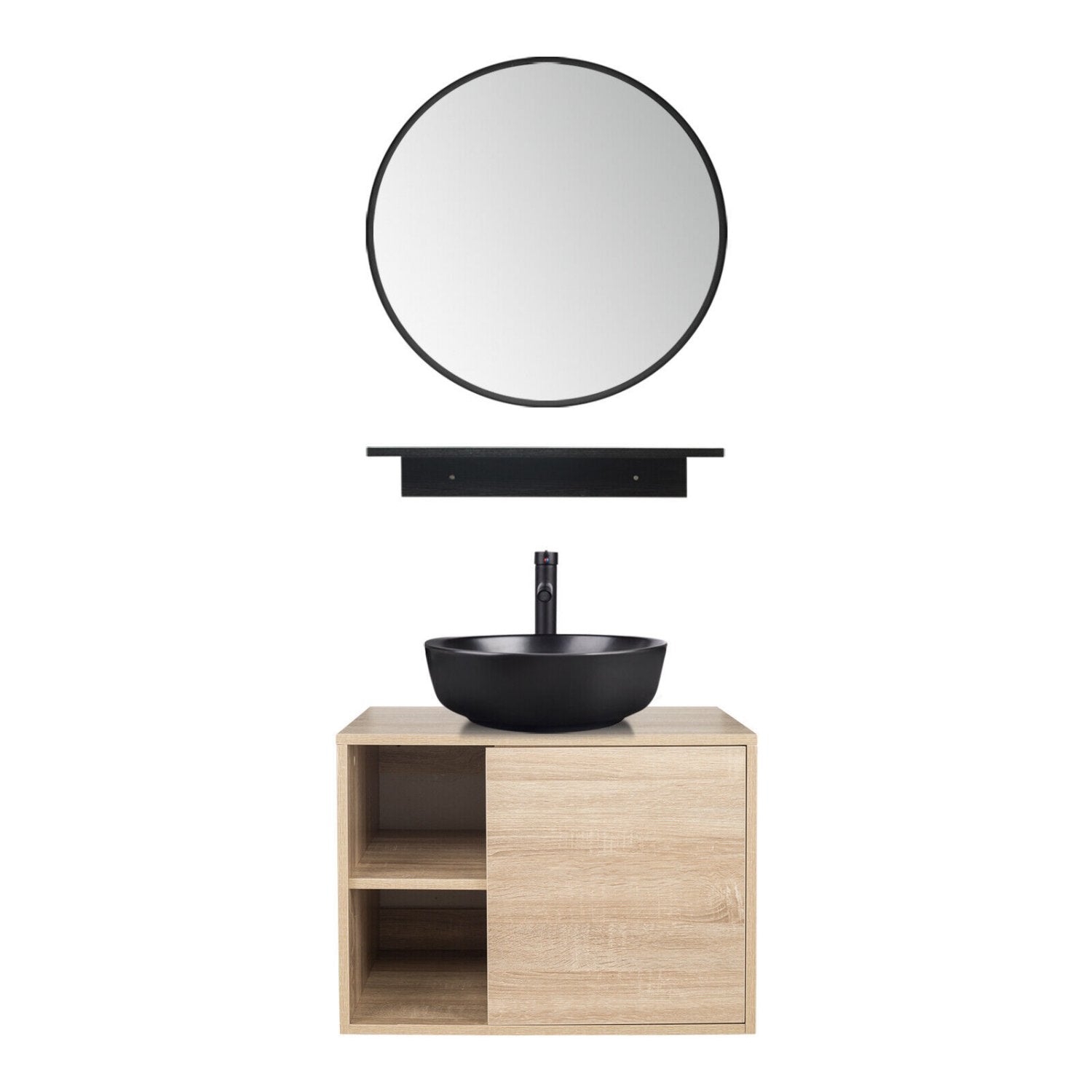 Elecwish natural Wall Mounted Cabinet with Round Black Sink Combo US-BV1004