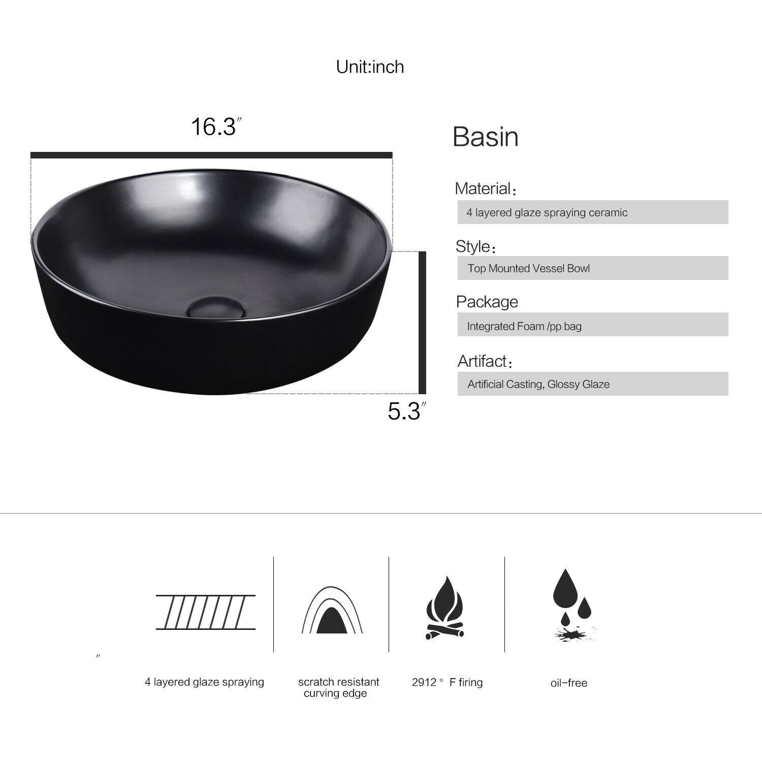Elecwish round black sink basin size and description