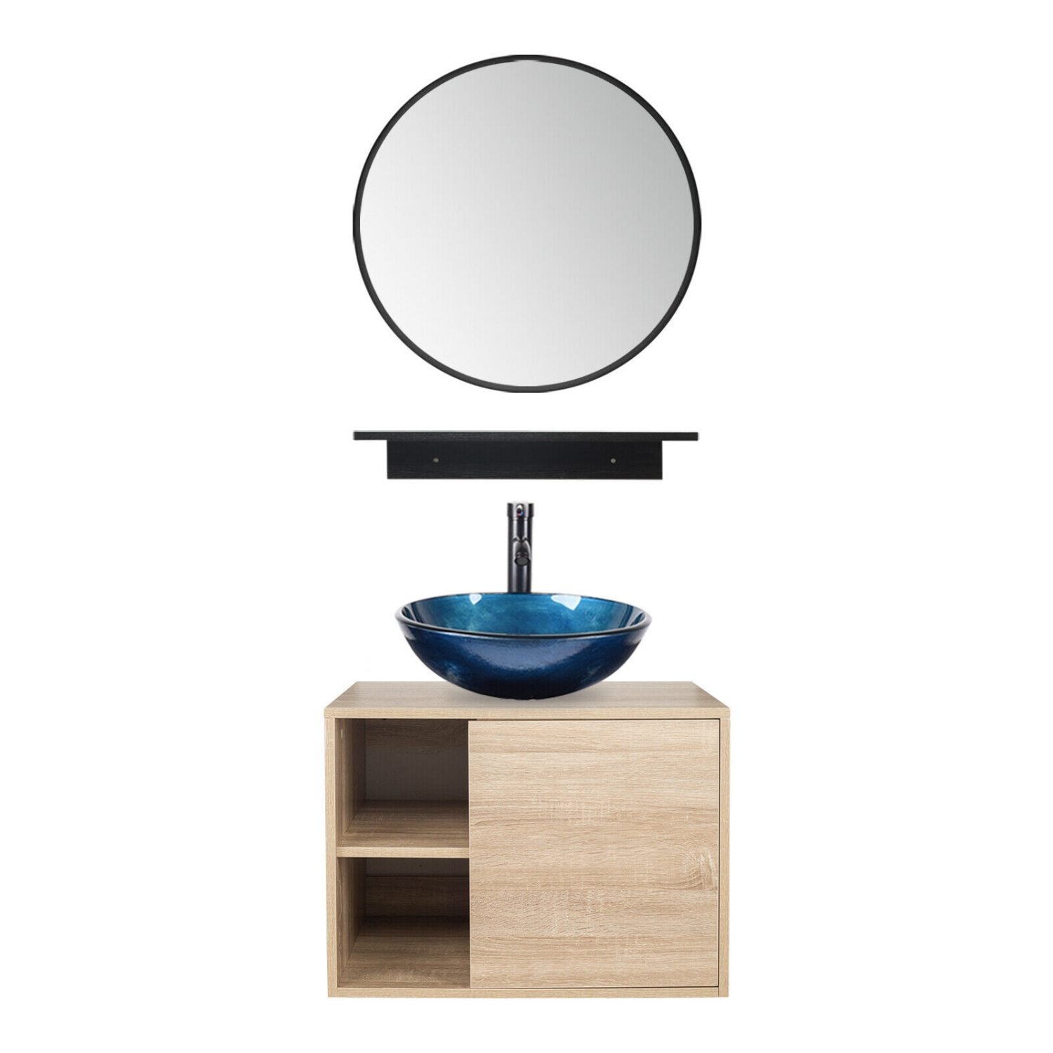 Elecwish Vanity With Round Blue Sink Bathroom Vanity Wall Mounted Cabinet Glass Sink Mirror Combo