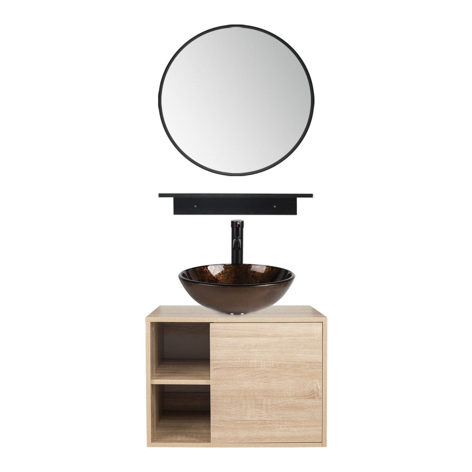 Elecwish Vanity With Brown Round Sink Bathroom Vanity Wall Mounted Cabinet Glass Sink Mirror Combo