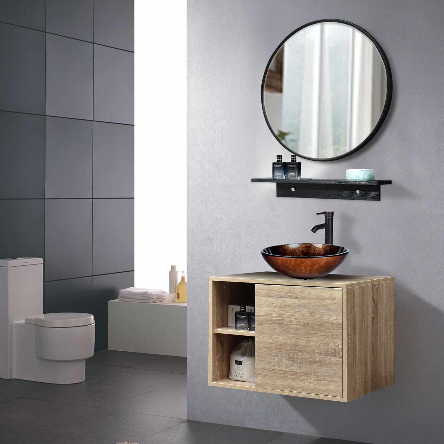 Elecwish natural Wall Mounted Cabinet with Round Brown Sink Combo US-BV1004 bathroom scene