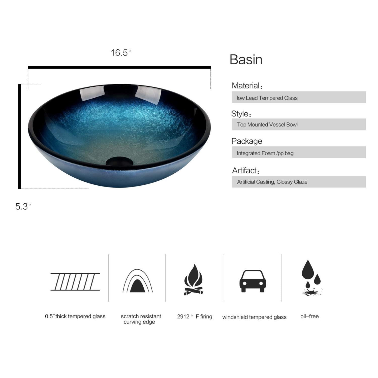 Elecwish Shiny blue sink basin size and description