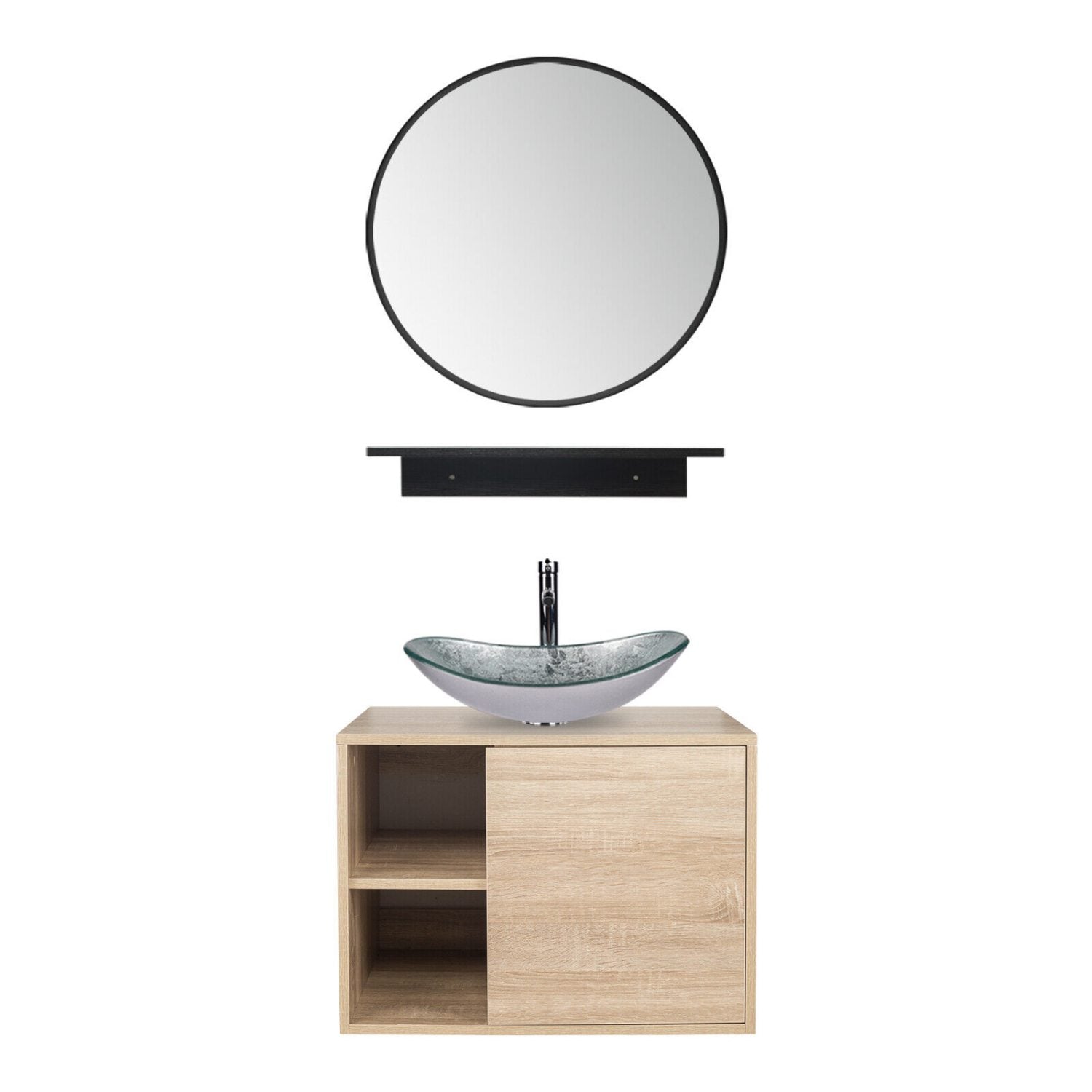 Elecwish Vanity With Sliver Boat Sink Bathroom Vanity Wall Mounted Cabinet Glass Sink Mirror Combo
