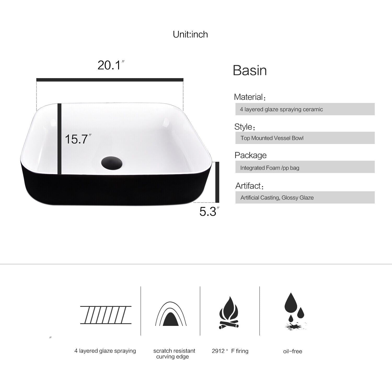 Elecwish square black and white sink basin size and description