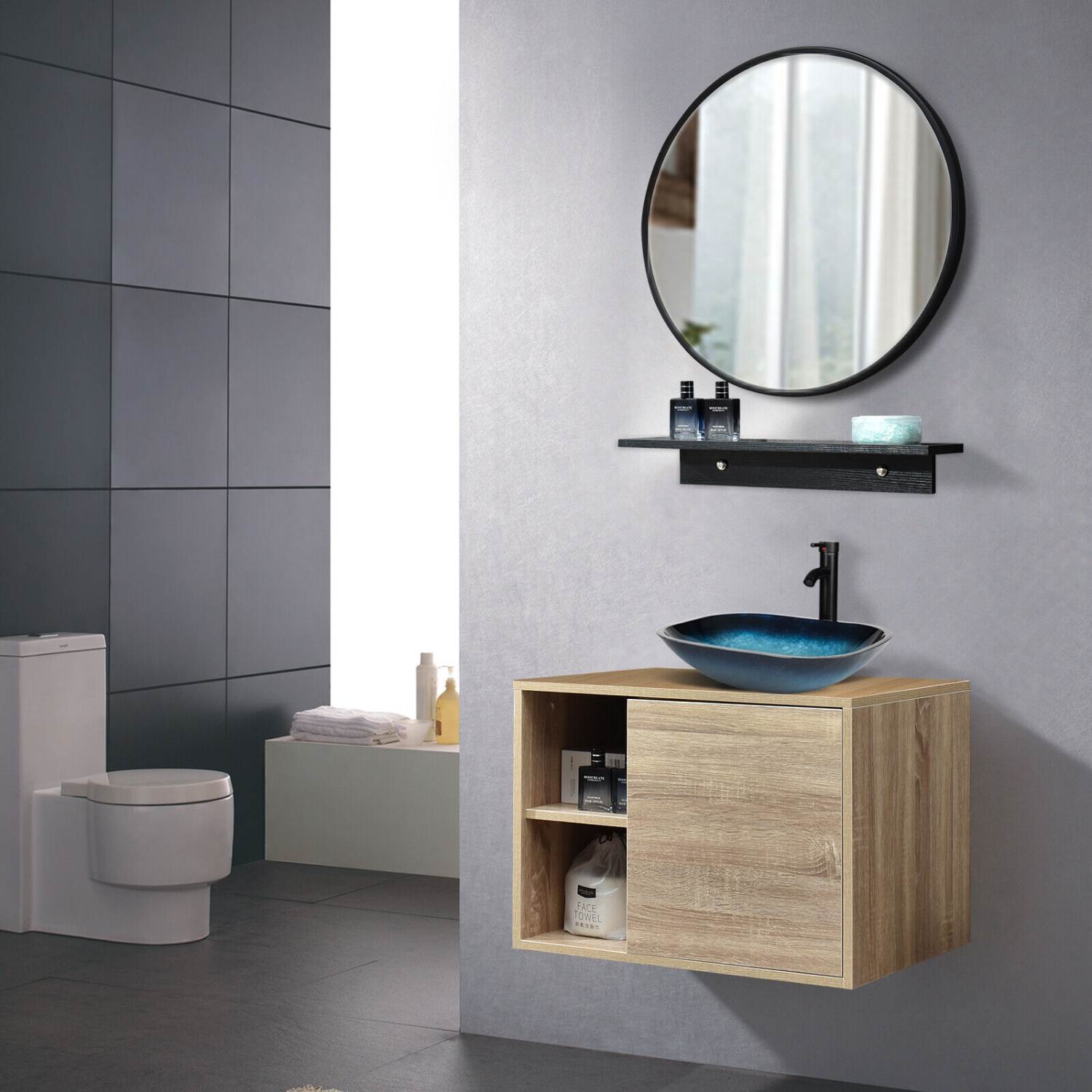 Elecwish natural Wall Mounted Cabinet with Square Blue Sink Combo US-BV1004 bathroom scene