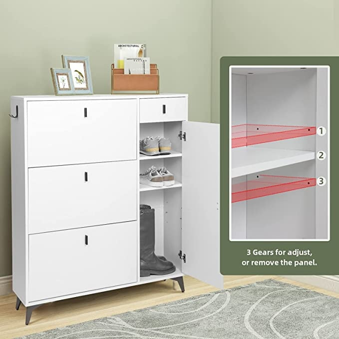 Elecwish white Modern Shoe Organizer Cabinet with Doors has 3 gears for adjust, or remove the panel